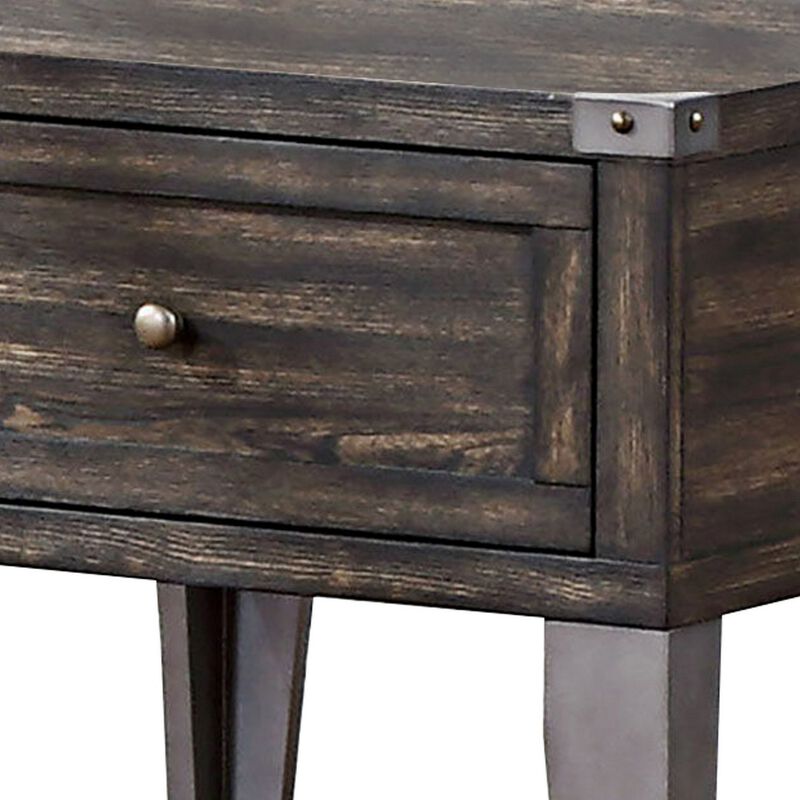 1 Drawer Wooden End Table with Metal Angled Legs, Brown-Benzara