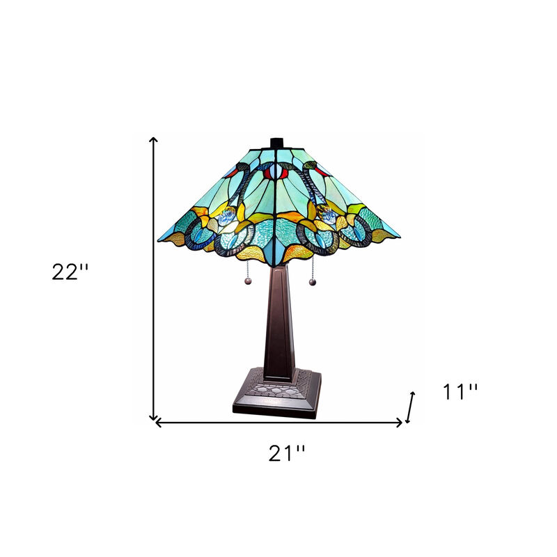 Hivvago 23" Dark Brown Metal Two Light Table Lamp With Blue and Green Cone Shade