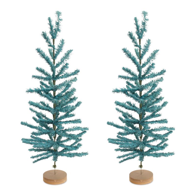Mini Pine Tree Set of 2 with Rustic Wood Base for Tabletop or Mantel Display