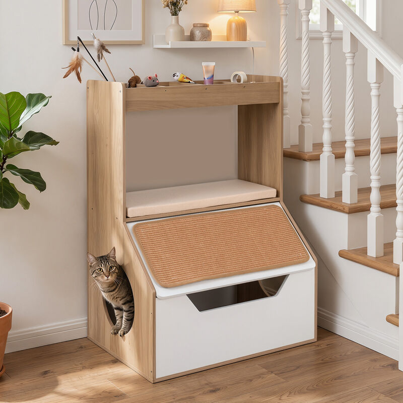 3-in-1 Pet Cat House Cabinet with 4 Cubby Spaces Cushion and Scratch Pad for Home Furniture image number 2