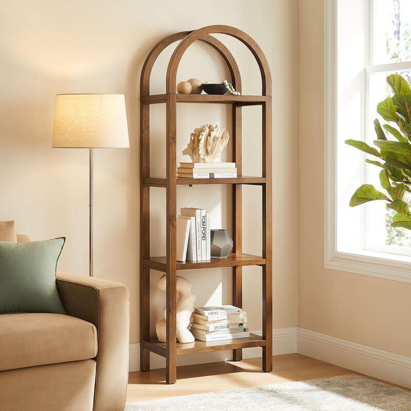 Modway Vexley 72 Inch Tall Narrow Arched Bookshelf in Walnut &ndash; Modern Pine and Acacia Wood Open Display Bookcase for Living Room, Office, Reading Nook image number 1