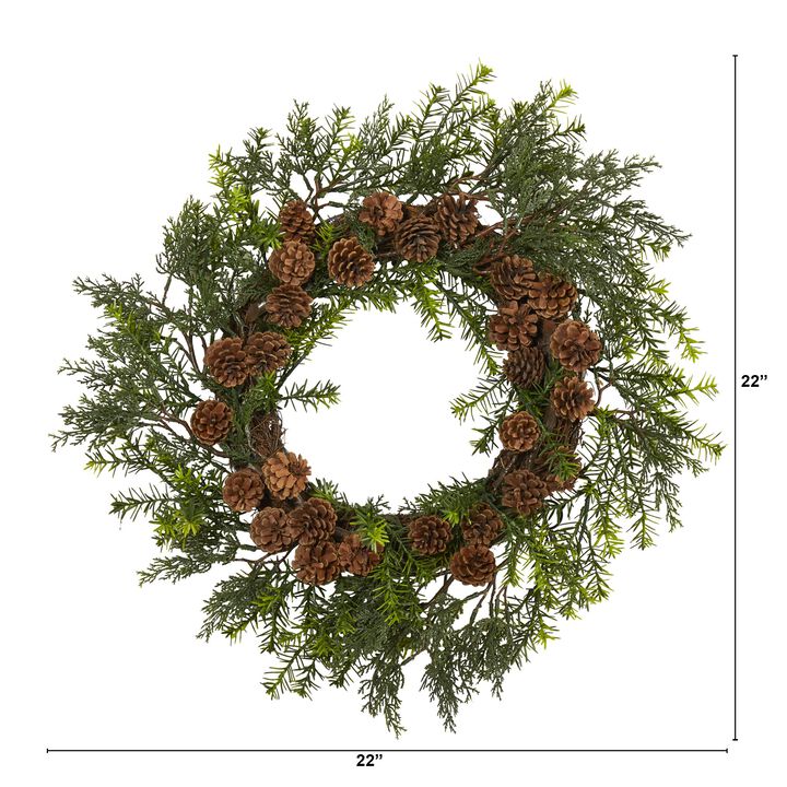 Hivvago 22" Cedar, Grass and Pine Cone Artificial Wreath UV Resistant (Indoor/Outdoor)