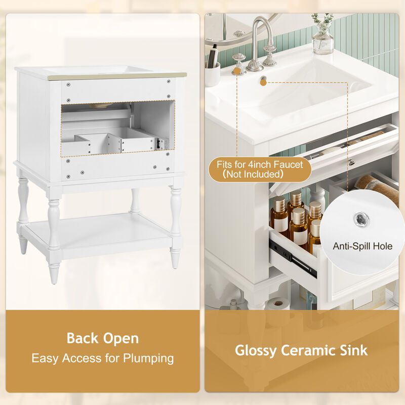 ELEMENT ACE Bathroom Vanity with Ceramic Sink, Bathroom Storage Cabinet with Open Shelf and Drawers for Functional Bathroom Organization and Decor image number 8