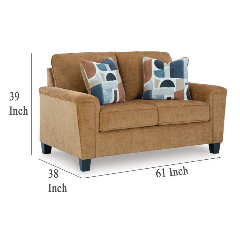 Erin Loveseat, 2 Accent Throw Pillows, 61 Inch Light Brown Polyester - Benzara