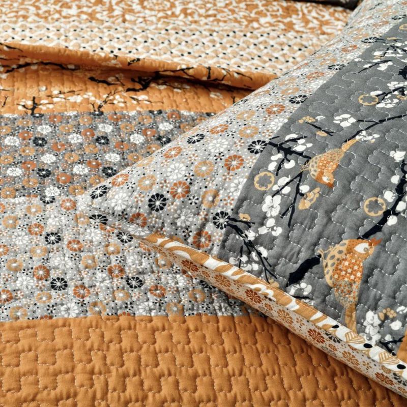 Hivvago Orange Grey Floral Birds Reversible Quilt Set