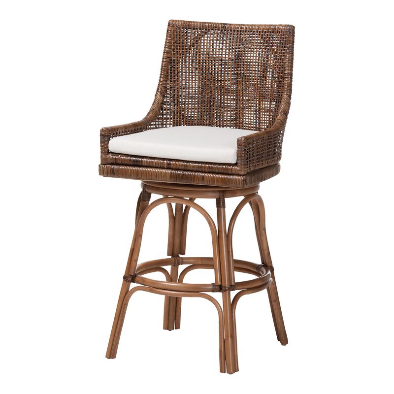 bali & pari Bella Swivel Rattan Bar Stool with Cushion - Handwoven Wicker Bar Chair with Backrest and Footrest, Coffee Bean image number 0