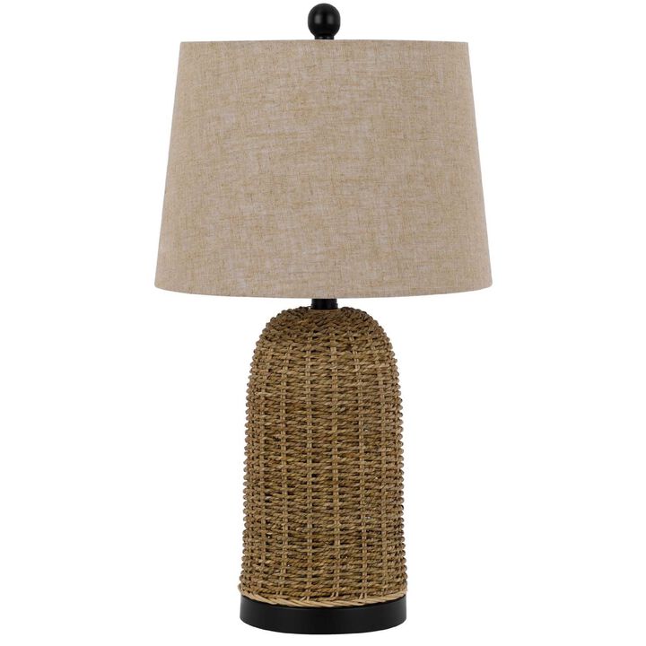 Table Lamp, Brown Drum Shade and Corn Leaf Wicker Woven Base, 24 Inch