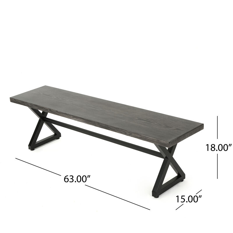 Romita Outdoor Dining Bench, X Shape Legs, Gray Metal, Black Steel, 63 Inch - Benzara