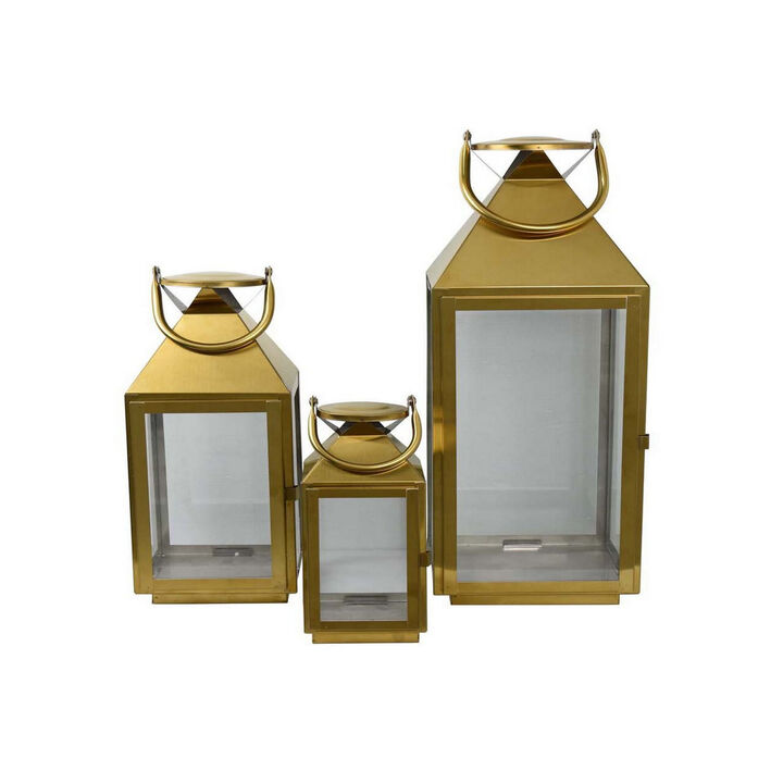 Davi Set of 3 Decorative Lanterns, Curved Handles, Glass Panel, Gold Metal - Benzara