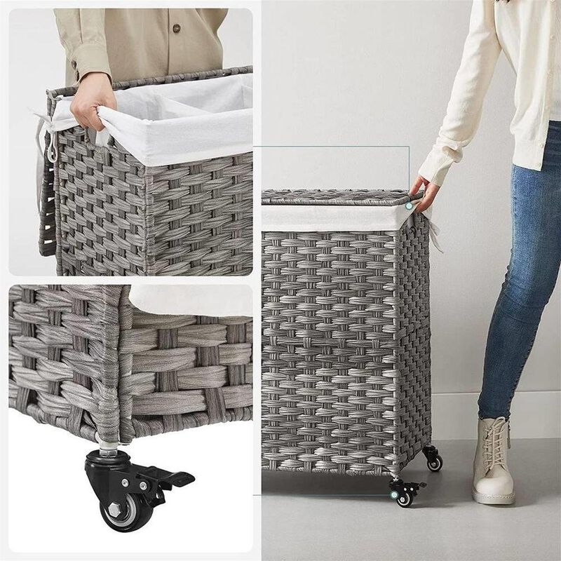 Hivvago Handwoven PP Wicker 3-Section Laundry Basket Cart with Cotton Liner on Wheels image number 2