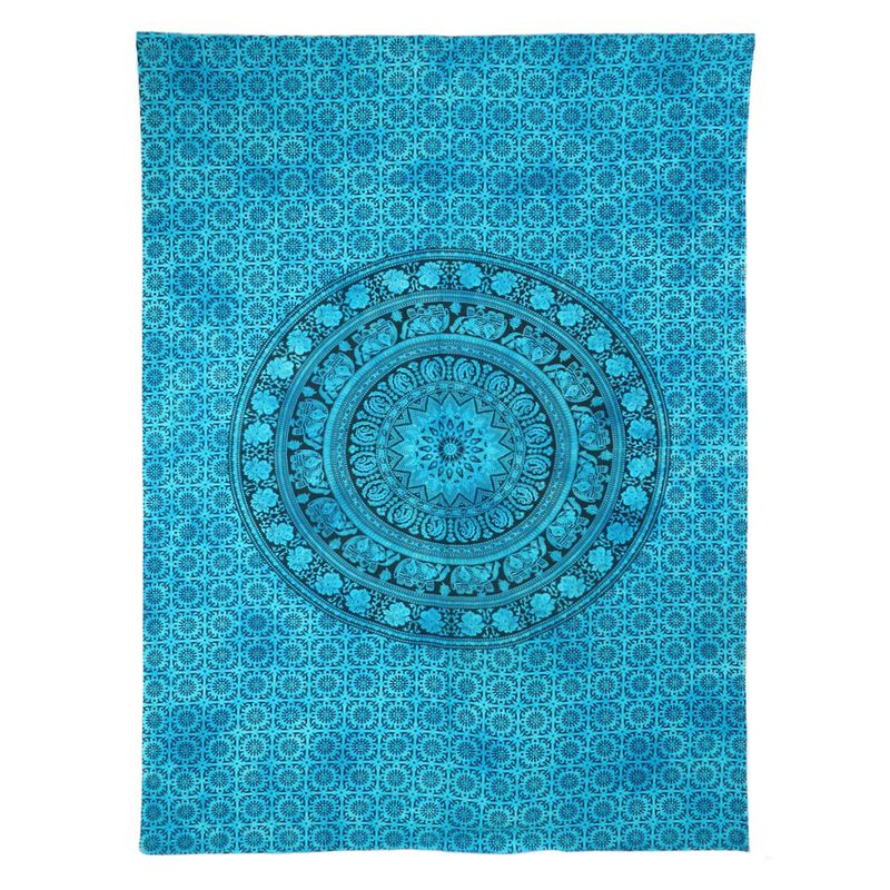 HomeRoots 80" X 56" Turquoise And Black Mandala Cotton Hanging Tapestry image number 0