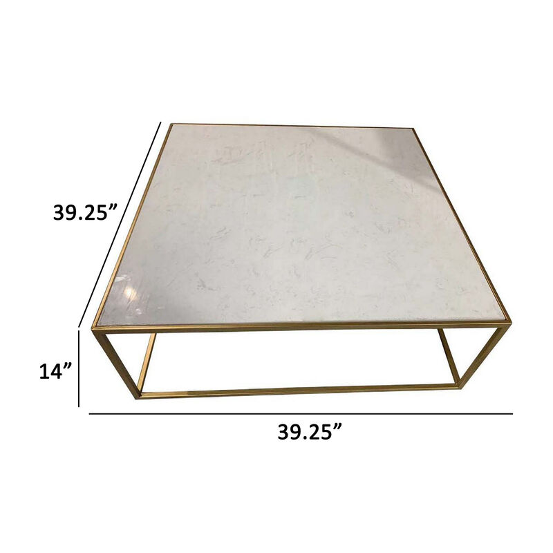 Riyan 39 Inch Plant Stand Table, Square Open Gold Metal Frame, White Top - Benzara