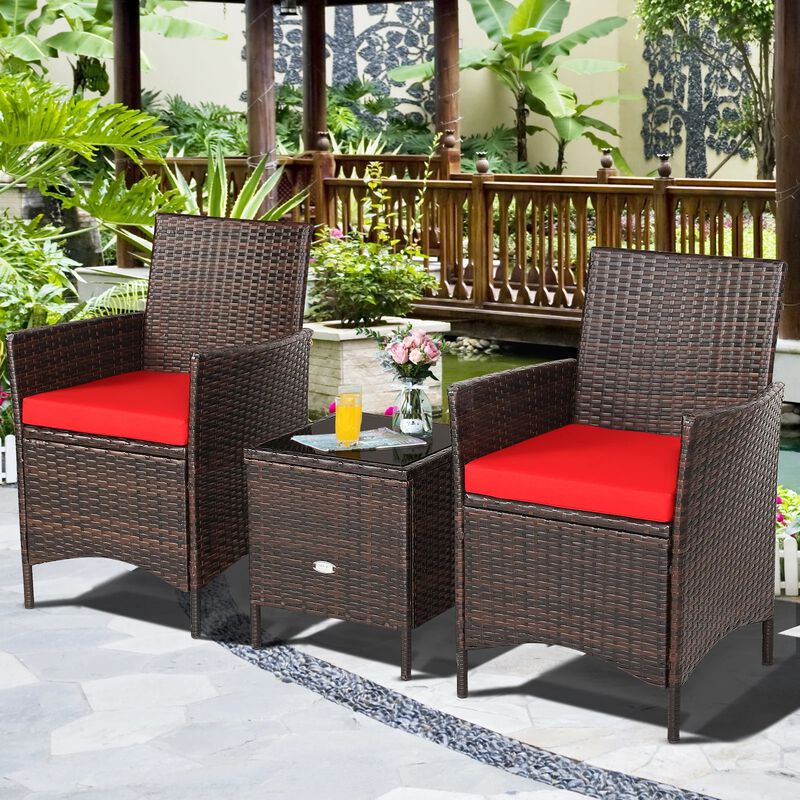 Mondawe 3 Pieces Patio Cushioned Rattan Converstaion Set With Glass Table Top