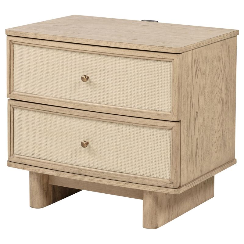 Lno Nightstand, 2 Cane Accent Drawers w Brass Knobs, USB, Oak Beige - Benzara