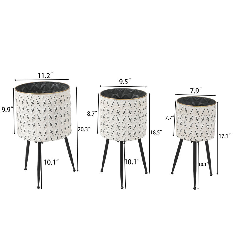 LuxenHome Set of 3 Distressed White and Black Metal Cachepot Planters with Legs