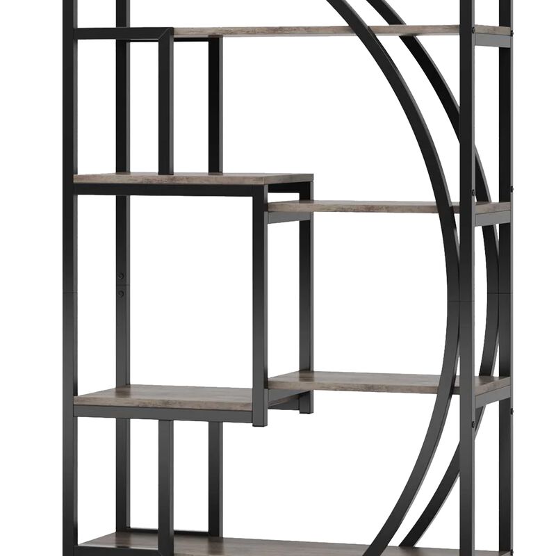 Modern Bookcase, 5 Tier Geometric Display Shelves, 71 Inch Black Metal - Benzara