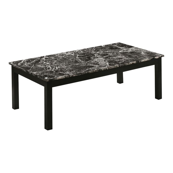3 Piece Coffee Table and End Table Set, Faux Marble Surface, Black Motif - Benzara
