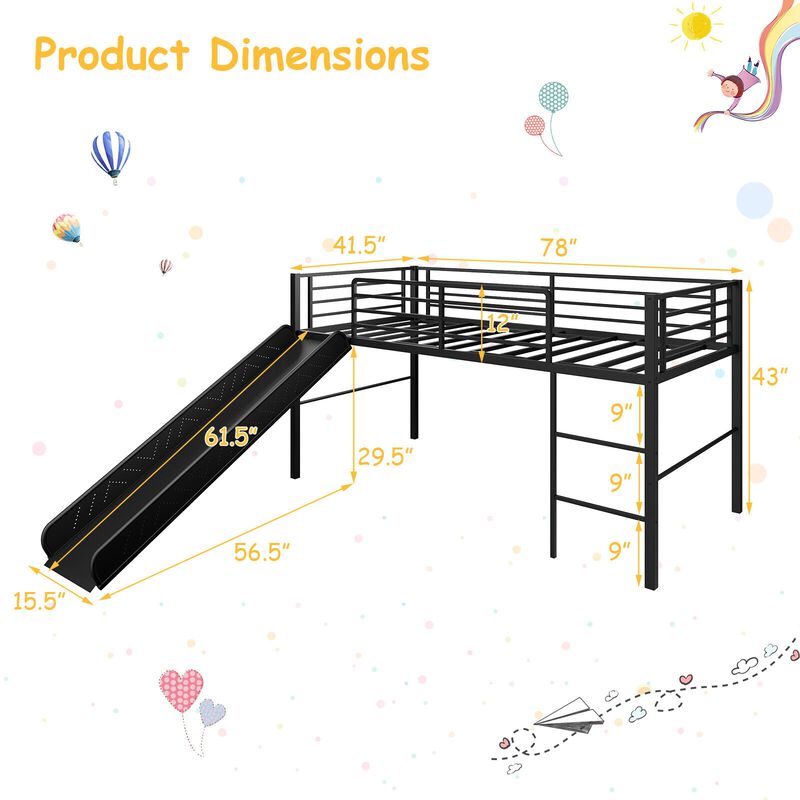 Twin Metal Loft Bed with Slide Safety Guardrails and Built-in Ladder