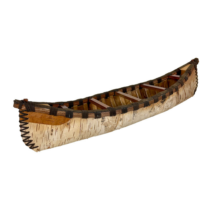 Rustic Birch Bark Wooden Canoe Statue 23.5in Freestanding Cabin Decor