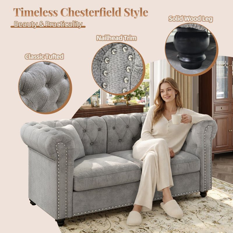 1 piece Chesterfield Sofa tufted design and nailhead trim deep seat comfort sectional sofa, sectional sofa rolled arms home or office, chenille sectional sofa plush cushion image number 6