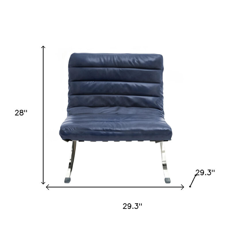 HomeRoots 29" Blue and Silver Tufted Leather and Upholstered Folding Lounge Chair
