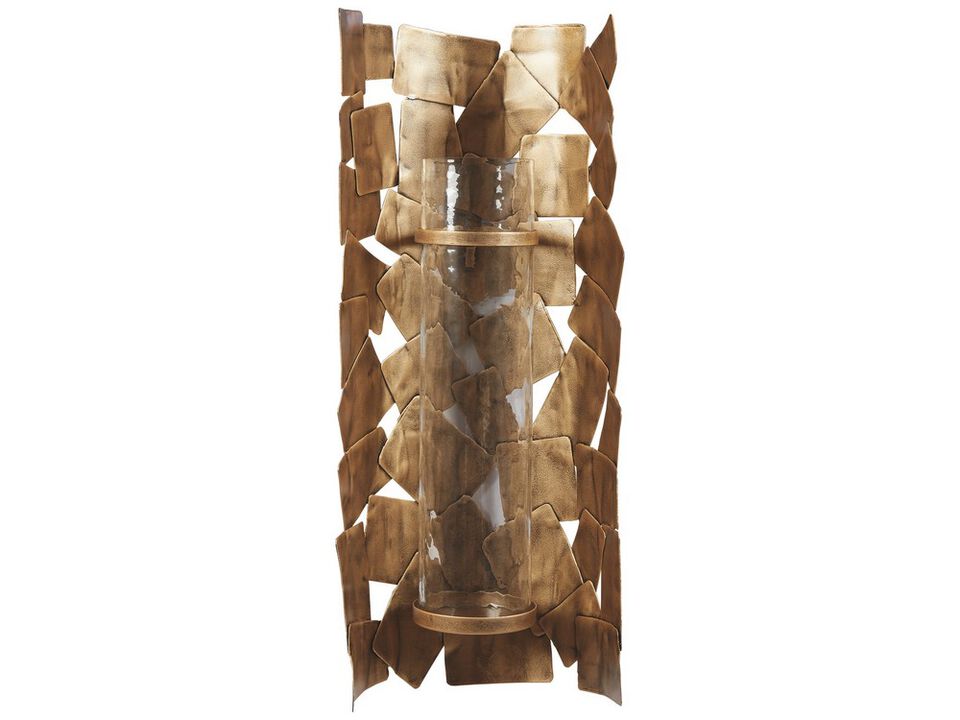 Bulged Frame Metal Wall Sconce with Candle Holder, Antique Gold and Clear- Benzara