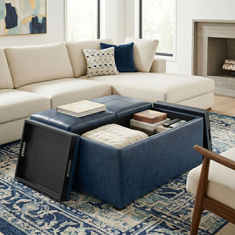 Avalon 35 inch Wide Contemporary Square Coffee Table Storage Ottoman in Denim Blue Vegan Faux Leather, Assembled image number 9