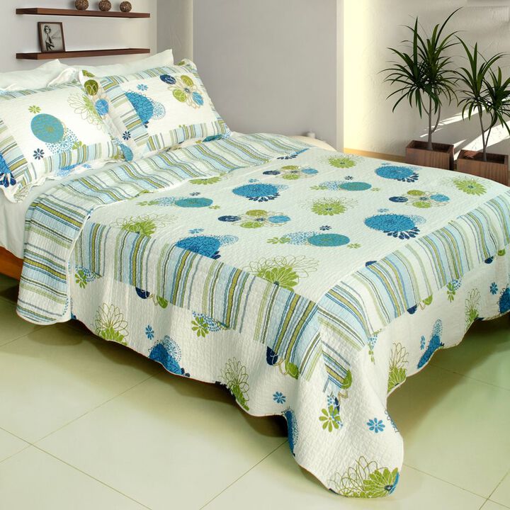Lightweight Cotton 3PC Vermicelli-Quilted Printed Quilt Set Queen Size Blue Bedspread