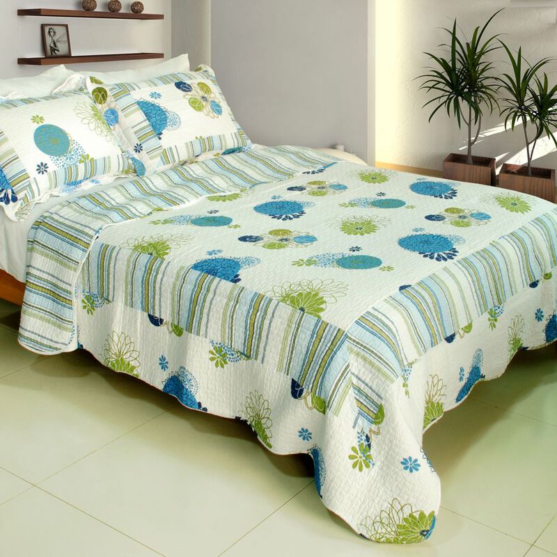 Lightweight Cotton 3PC Vermicelli-Quilted Printed Quilt Set Queen Size Blue Bedspread image number 0