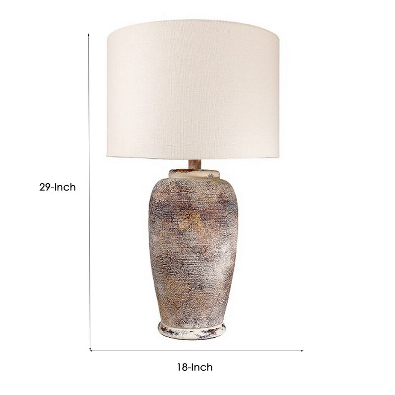 Alin 29 Inch Hydrocal Table Lamp, Drum Shade, Urn Shaped Base, Pink, Brown - Benzara