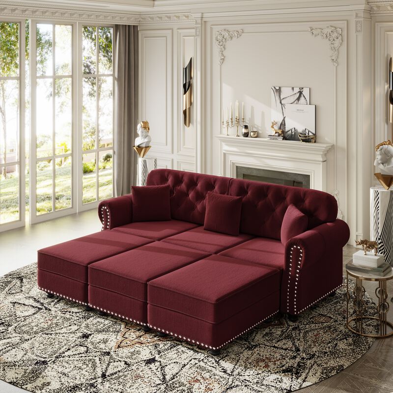 Whisen 3 Seat Velvet Sofa with 3 Ottomans, Nailhead Trim, Mid-Century Modern, for Living Room image number 3
