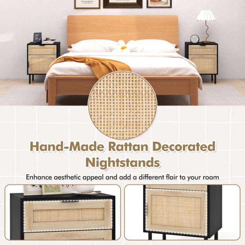 Hivvago Rattan Nightstand Set of 2 with Drawer and Cabinet