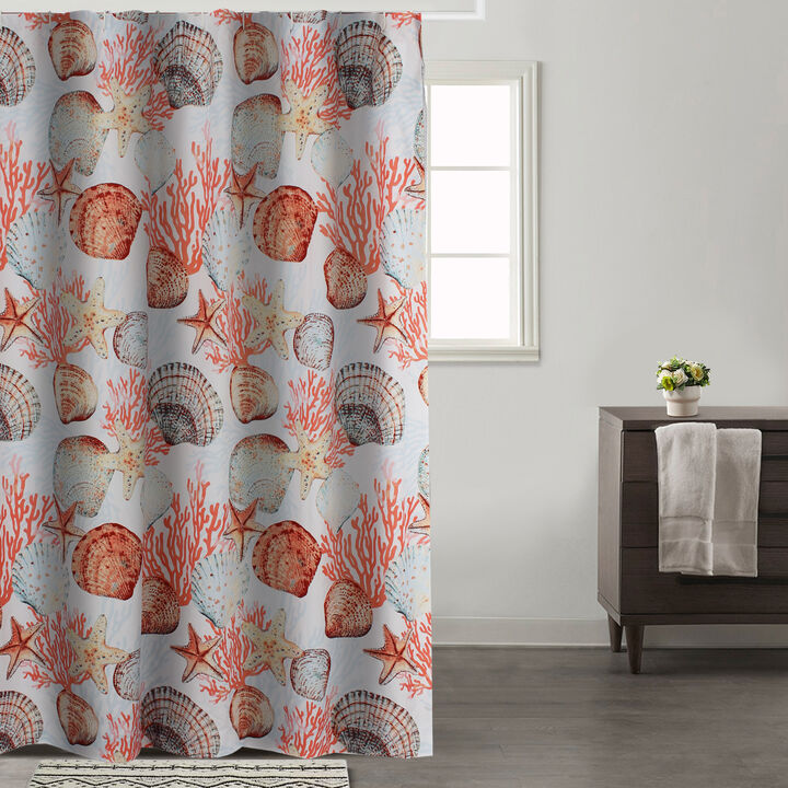 Gul 72 Inch Shower Curtain, Soft Microfiber Polyester, Coastal Print Design-Benzara