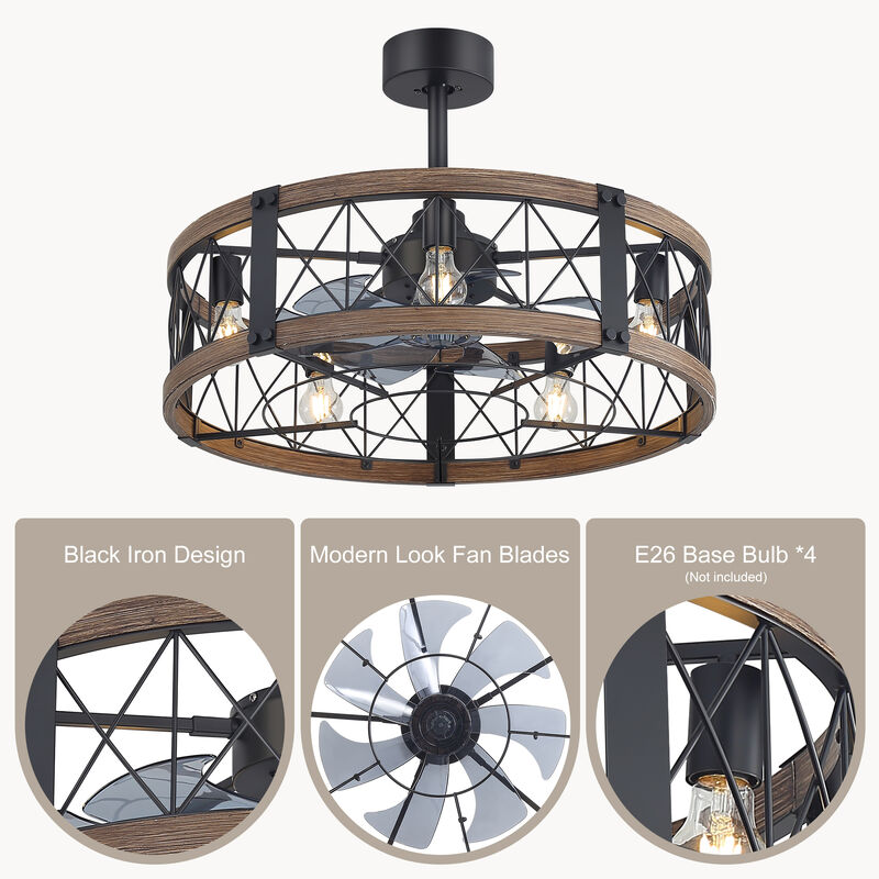 Breezary 28" Fandelier Ceiling Fan with Lights, 5 x E26 Base, Industrial Caged Fan, 6-Speed Remote image number 5