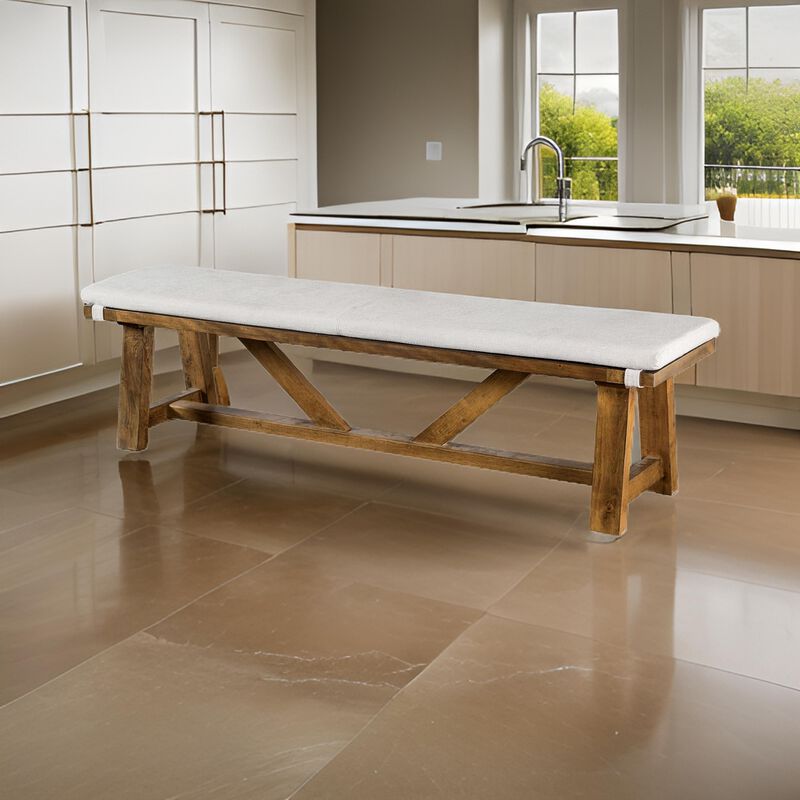 Jule Dining Bench, Trestle Base, 69 Inch, Brown Wood with Off White Seat - Benzara