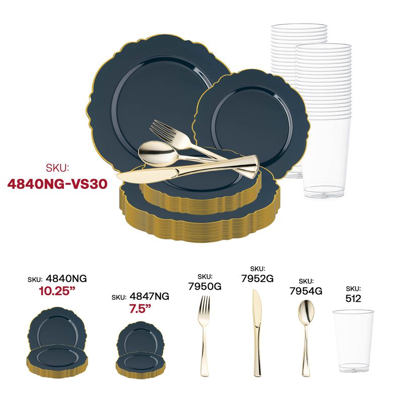 Navy with Gold Rim Round Blossom Plastic Wedding Value Set (30 Sets) image number 5