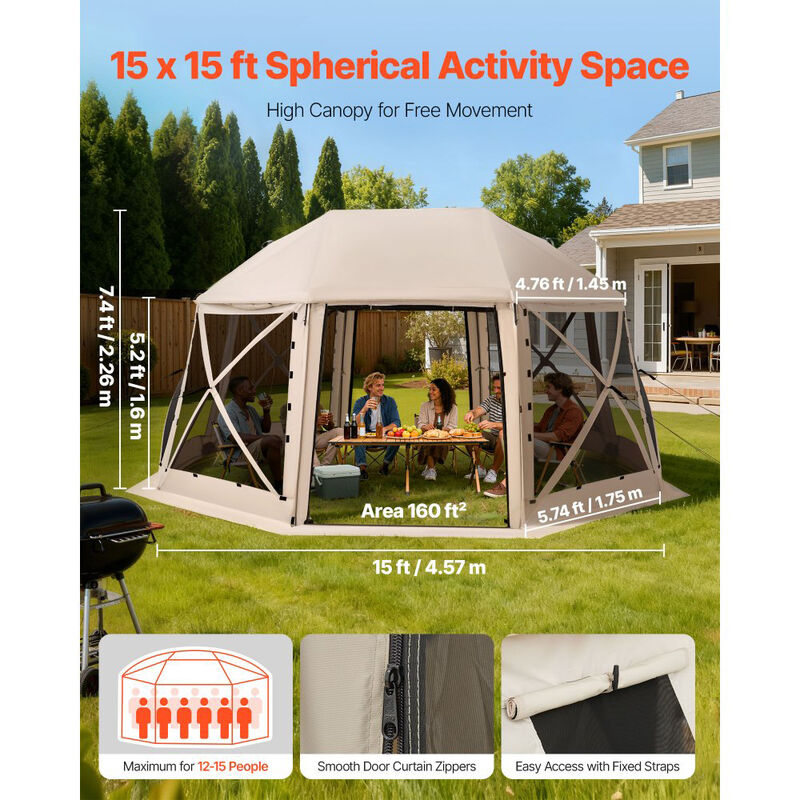 Pop Up Screen Tent for 12-15 People with Removable Top and Carry Bag-Beige image number 7
