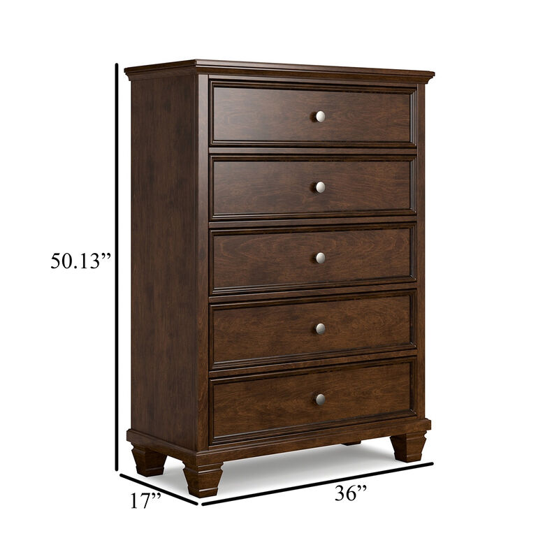 Reno Tall Dresser Chest, 5 Drawer Nickel Round Knobs, Brown Solid Wood - Benzara