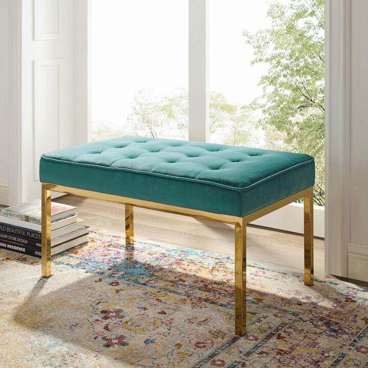 Modway Loft Tufted Button Performance Velvet Upholstered Medium Accent Bench in Gold Teal