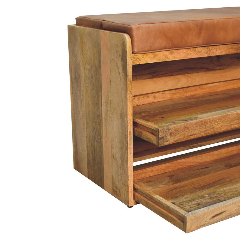 Artisan Furniture Buffalo Hide Pull out Oak-ish  Solid Wood Shoe Storage Bench