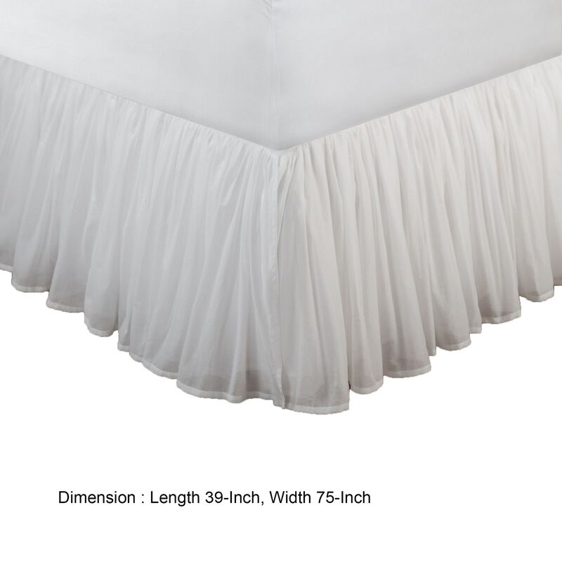 Twin Bed Skirt, Polyester Platform, Cotton Voile Drop, Ruffled Edge, White  - Benzara