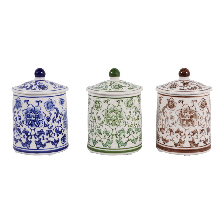 S/3 6" Chinoiserie Ceramic Jar