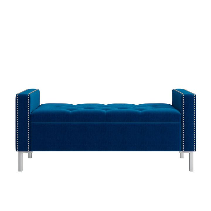 HL Home Furnishings Square Arm Tufted Storage Ottoman in Navy Blue Velvet
