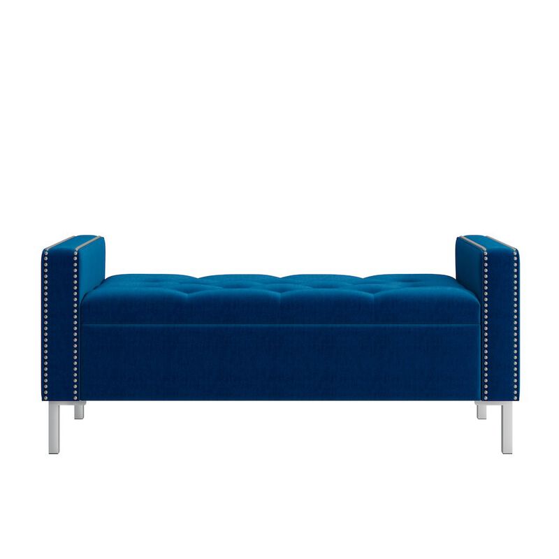 HL Home Furnishings Square Arm Tufted Storage Ottoman in Navy Blue Velvet