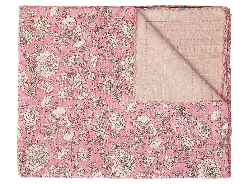 HomeRoots 50" X 70" Pink And Blush Floral Cotton Quilted Kantha Throw Blanket with Embroidery image number 0