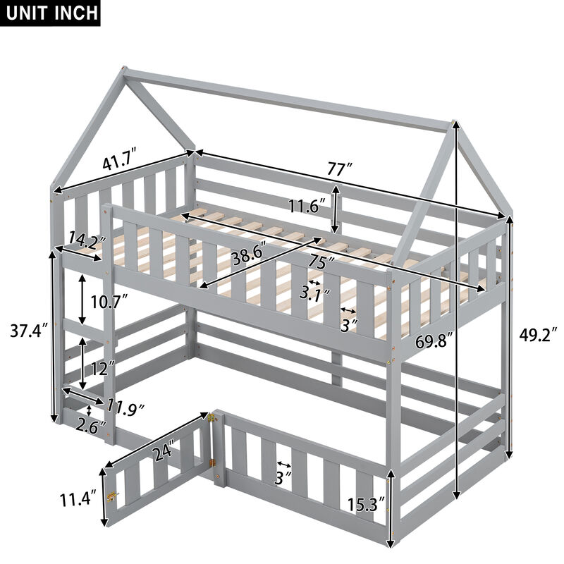 Whisen Wood Twin over Twin House-Shaped Bunk Bed with Fence with Door and Ladder - White