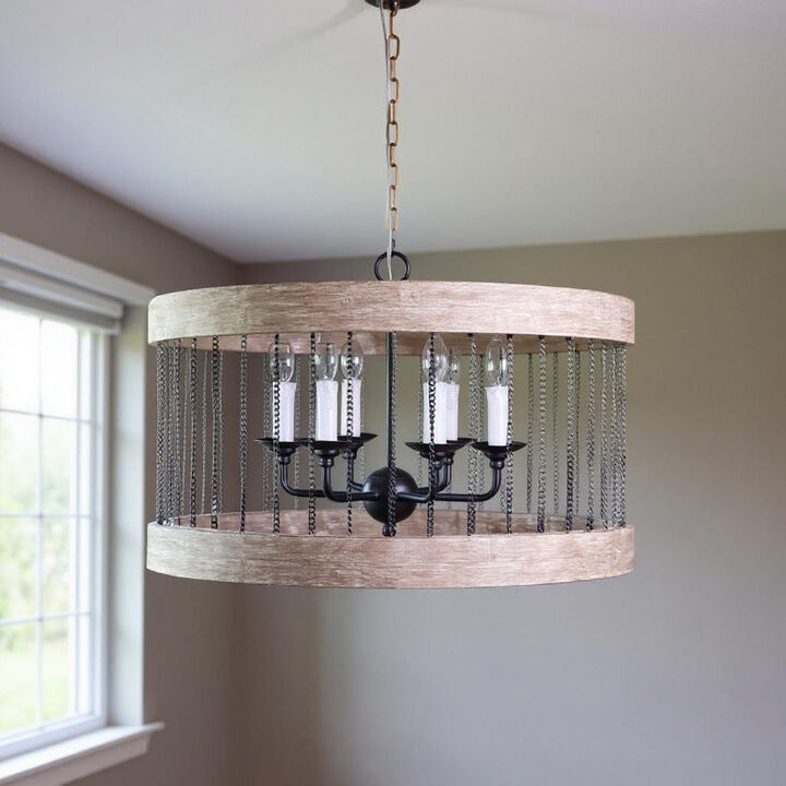 HomeRoots Black And Natural Wood and Metal Cylinder Six Light Dimmable Chandelier