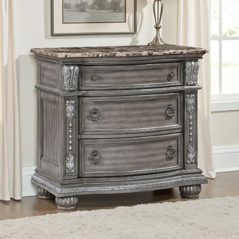 Toga 3 Drawer Nightstand, Gray Acacia Wood Carved Details, 35 Inch