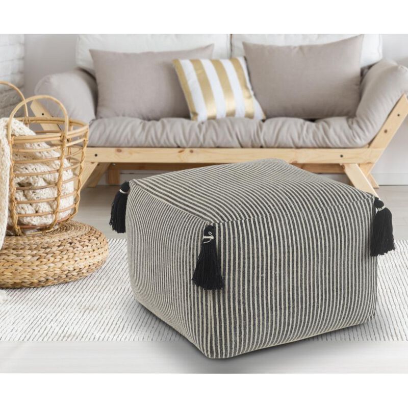Hivvago 18 Inch Gray Cotton Striped Pouf Ottoman