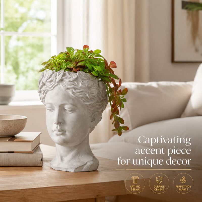 WOW PIONEER Classic Greek Style Cement Head Planter Vase - Ideal for Indoor Outdoor Home Garden Decor, D6 x 9 Inches image number 4